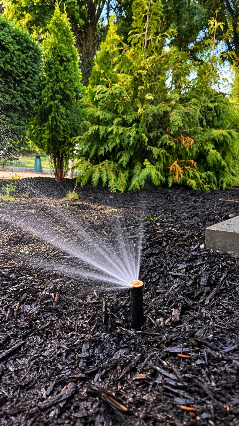 Sprinkler caring for evergreen garden bed