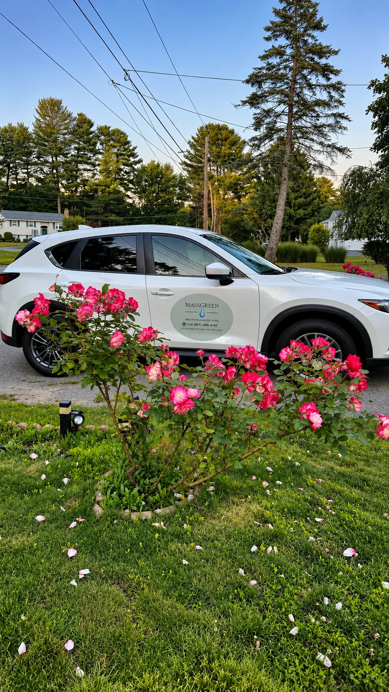 MassGreen vehicle beside blooming roses